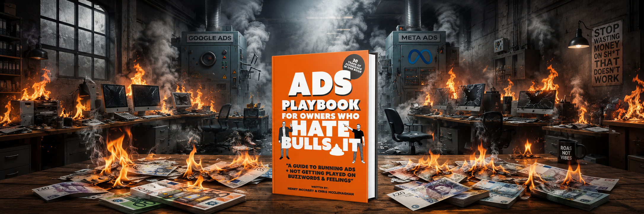 The Ads Playbook in a chaotic office — Google Ads and Meta Ads machines on fire, money burning
